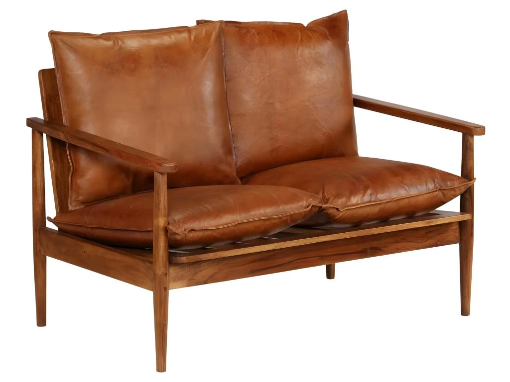Canapé à 2 Places Cuir Véritable Avec Bois D'acacia Marron 9 Canapé à 2 Places Cuir Véritable Avec Bois D'acacia Marron – Image 9