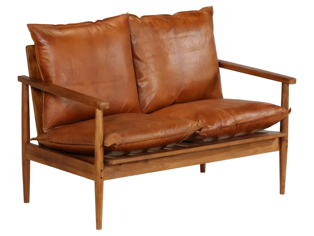 Canapé à 2 Places Cuir Véritable Avec Bois D'acacia Marron 10 Canapé à 2 Places Cuir Véritable Avec Bois D'acacia Marron – Image 10