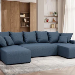 Canapé D'angle Panoramique Convertible En Tissu Bleu LADAZIA