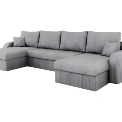 Canapé D'angle Panoramique Convertible KRISTOFER En Velours Côtelé Gris