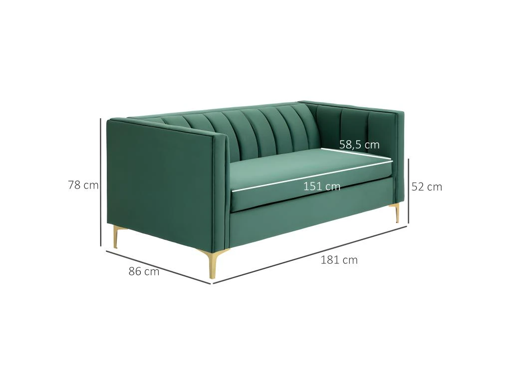 Canapé Art Déco BENIDORM Vert Sapin Pieds Dorés 3 Canapé Art Déco BENIDORM Vert Sapin Pieds Dorés – Image 3