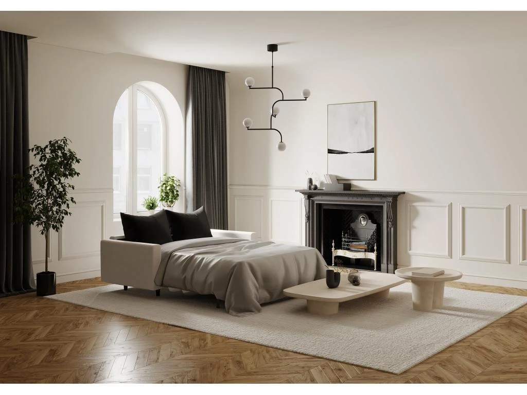 Canapé Convertible Matelas Tissu Tramé Beige 160cm 3 Canapé Convertible Matelas Tissu Tramé Beige 160cm – Image 3