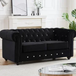 Canapé 2 Places En Velours Noir Et Boutons Effet Cristal CHESTERFIELD