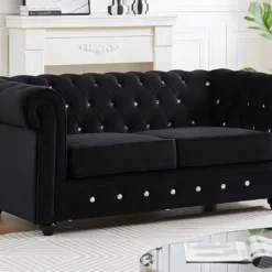 Canapé 2 Places En Velours Noir Et Boutons Effet Cristal CHESTERFIELD -Promos Chesteris Boutique canape 22251009