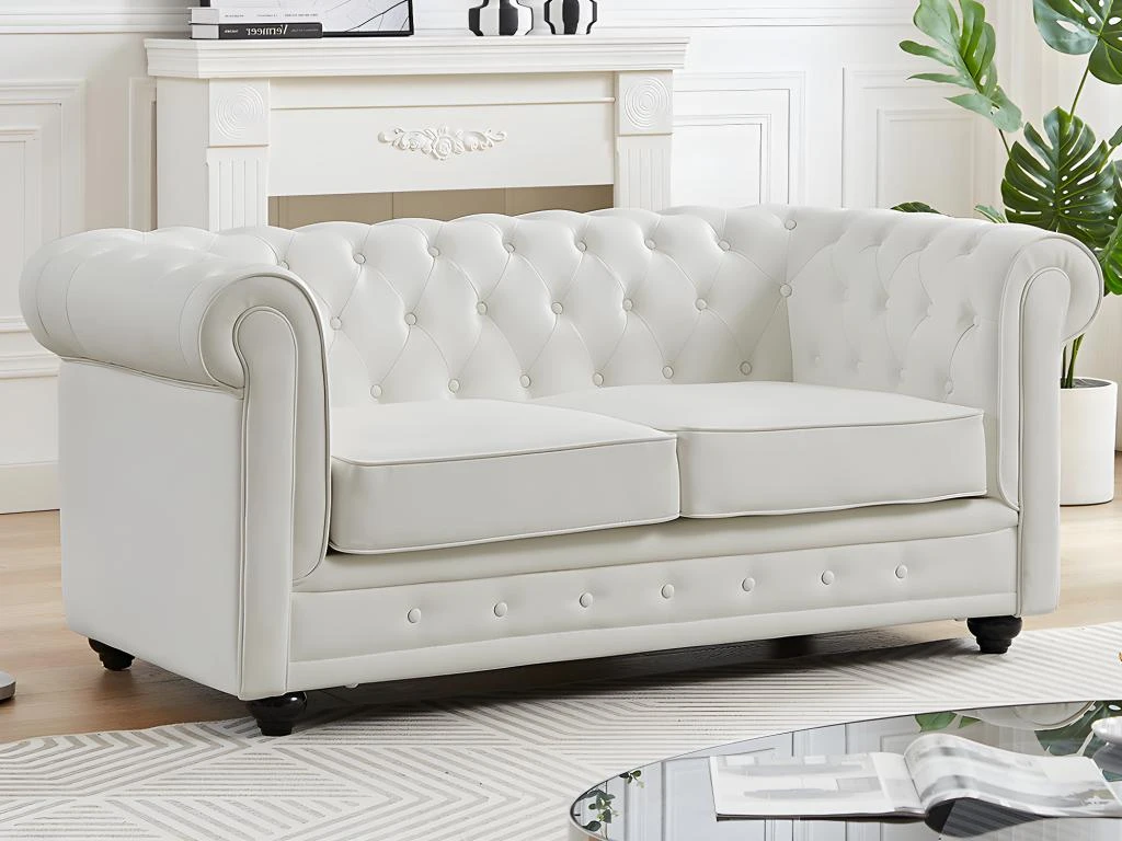 Canapé 2 Places En Simili Blanc CHESTERFIELD 7 Canapé 2 Places En Simili Blanc CHESTERFIELD – Image 7