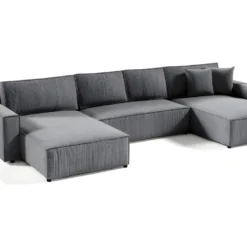 Canapé D'angle Panoramique Convertible VELLA En Velours Côtelé Gris Foncé