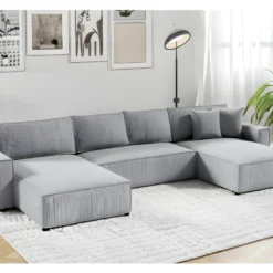 Canapé D'angle Panoramique Convertible VELLA En Velours Côtelé Gris Clair