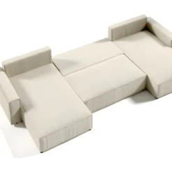 Canapé D'angle Panoramique Convertible VELLA En Velours Côtelé Gris Clair -Promos Chesteris Boutique canape 22393129