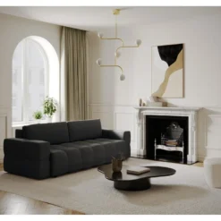 Canapé 4 Places Convertible Coffre Noyer Tissu Tramé Gris Anthracite