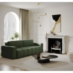 Canapé 4 Places Convertible Coffre Noyer Tissu Tramé Vert Olive