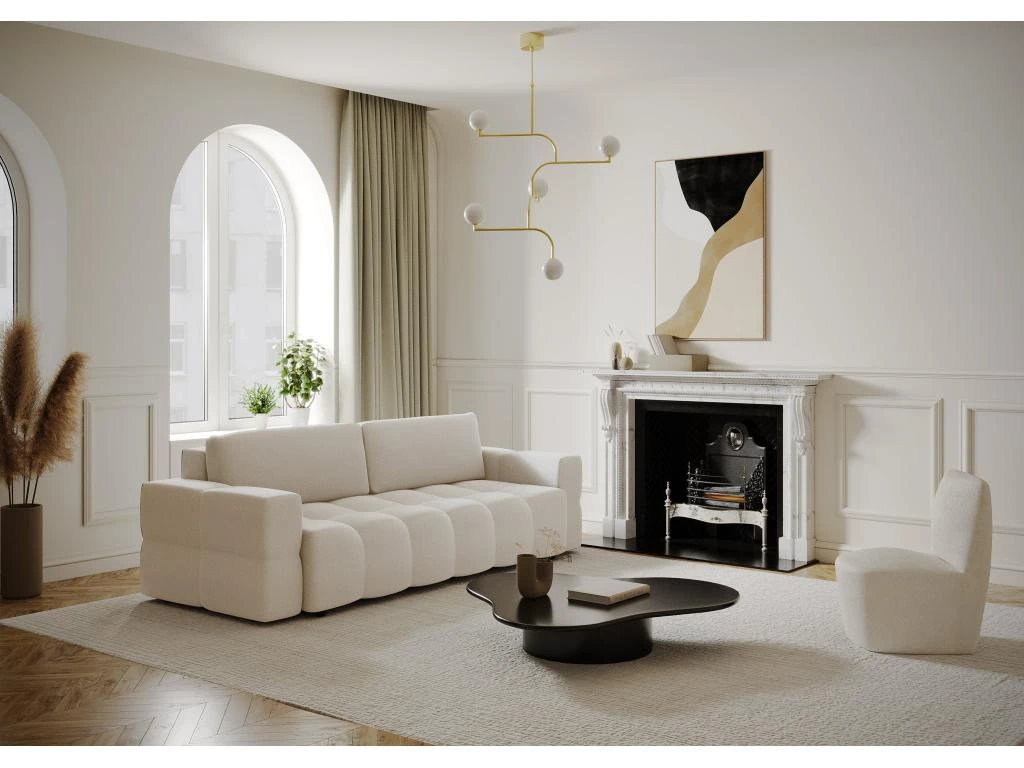 Canapé 4 Places Convertible Coffre Noyer Tissu Tramé Crème 1 Canapé 4 Places Convertible Coffre Noyer Tissu Tramé Crème