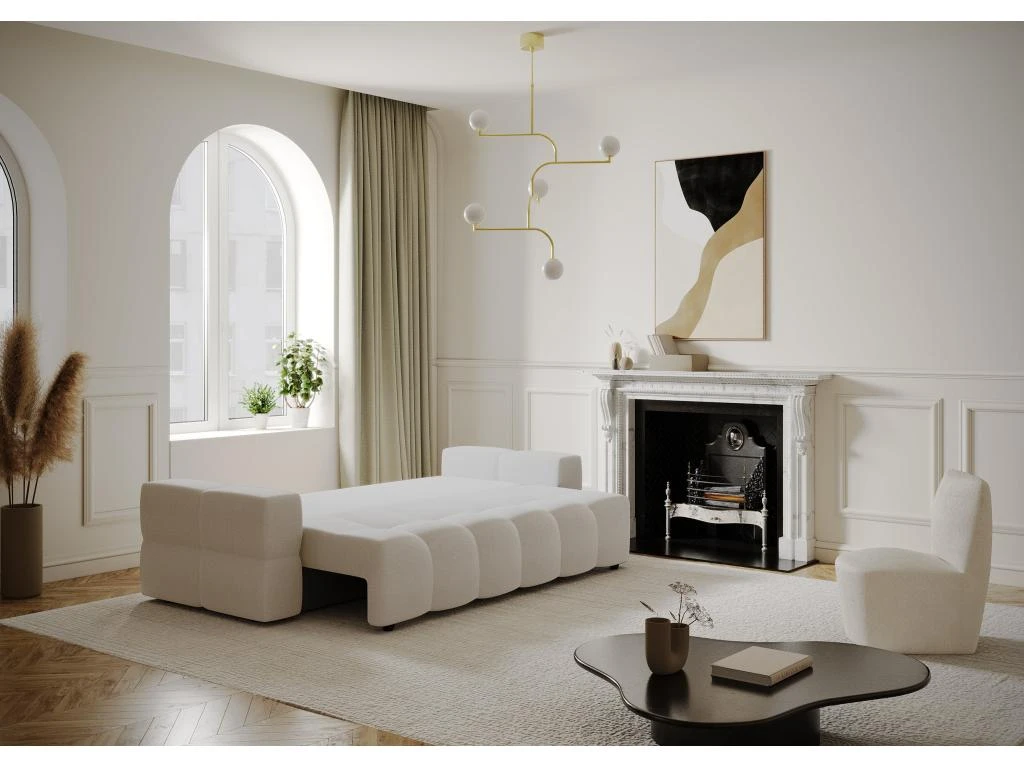 Canapé 4 Places Convertible Coffre Noyer Tissu Tramé Crème 2 Canapé 4 Places Convertible Coffre Noyer Tissu Tramé Crème – Image 2