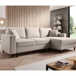 Canapé D'angle - 230 Cm - En L Avec Un Coffre De Rangement - Velours Hydrophobe - Crème - Côté Droit - NALIKA