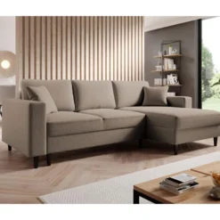 Canapé D'angle - 230 Cm - En L Avec Un Coffre De Rangement - Velours Hydrophobe - Beige Foncé - Côté Droit - NALIKA