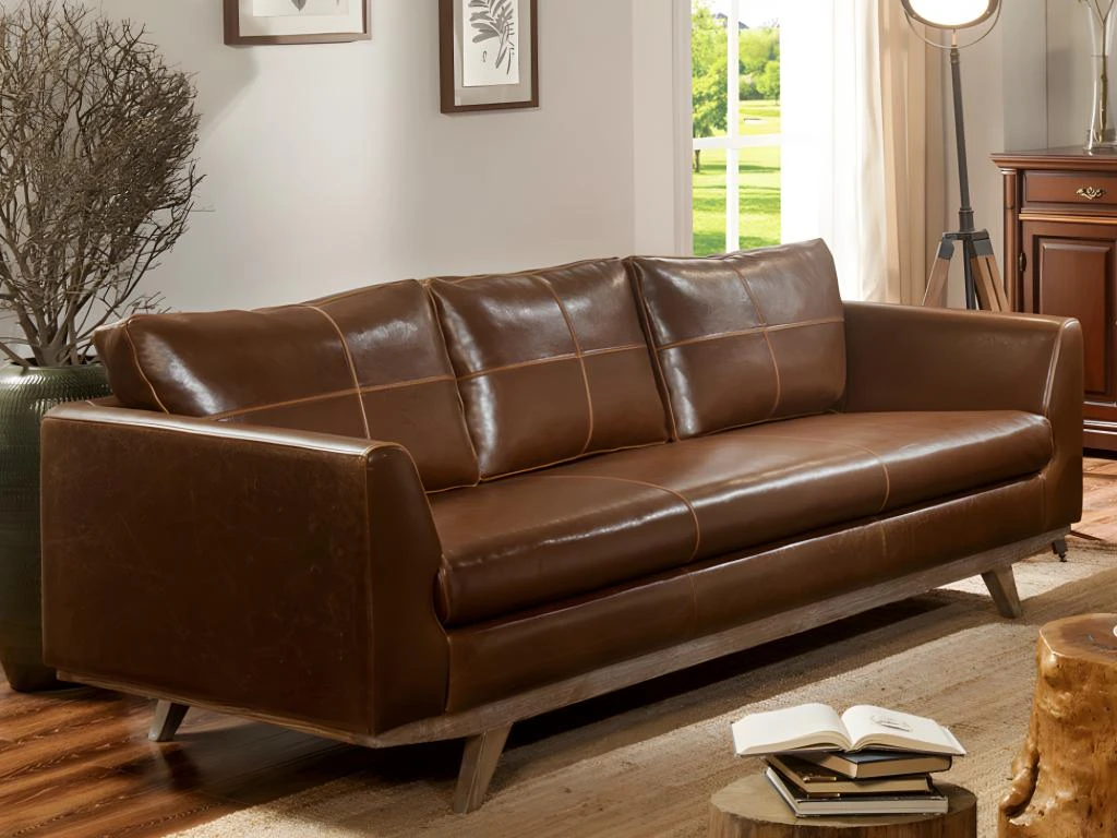 Canapé 3 Places En Cuir Vieilli ALEGAN - Marron 1 Canapé 3 Places En Cuir Vieilli ALEGAN - Marron