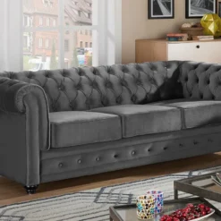 Canapé 3 Places CHESTERFIELD - Velours Anthracite