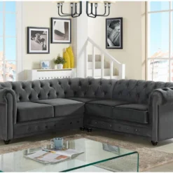 Canapé D'angle En Velours CHESTERFIELD - Anthracite