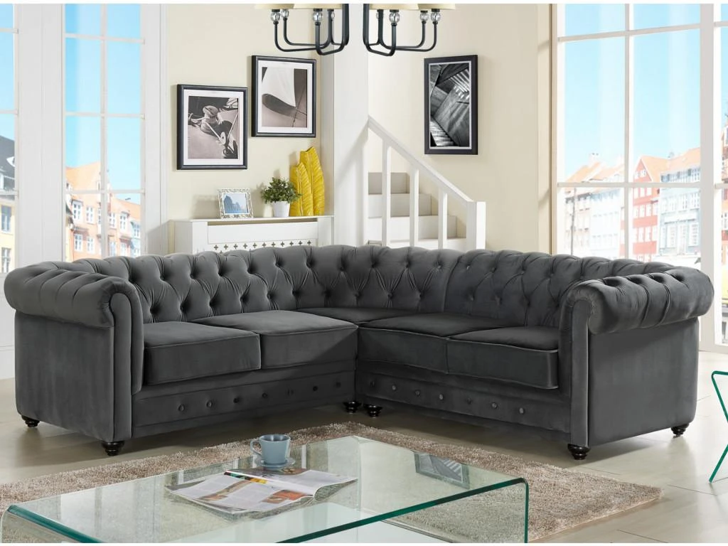 Canapé D'angle En Velours CHESTERFIELD - Anthracite 1 Canapé D'angle En Velours CHESTERFIELD - Anthracite