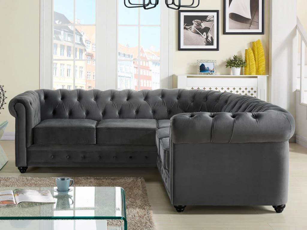 Canapé D'angle En Velours CHESTERFIELD - Anthracite 2 Canapé D'angle En Velours CHESTERFIELD - Anthracite – Image 2