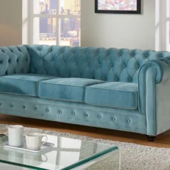 Canapé 3 Places CHESTERFIELD - Velours Bleu Pastel