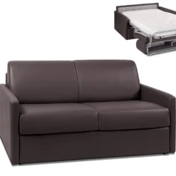 Canapé 2 Places Convertible Express En Simili CALIFE - Marron - Couchage 120 Cm - Matelas 14 Cm