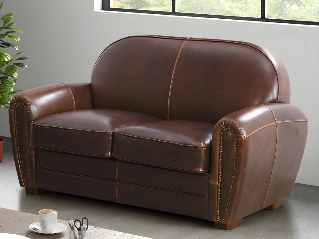 Canapé 2 Places Club 100% Cuir Vieilli BAUDOIN - Marron 1 Canapé 2 Places Club 100% Cuir Vieilli BAUDOIN - Marron