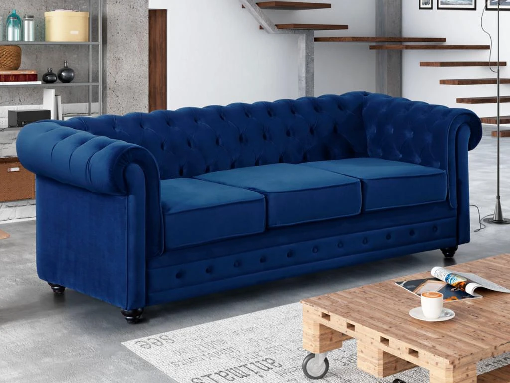 Canapé 3 Places CHESTERFIELD - Velours Bleu Roi 1 Canapé 3 Places CHESTERFIELD - Velours Bleu Roi