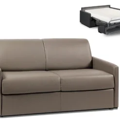Canapé 2 Places Convertible Express En Simili CALIFE - Taupe - Couchage 120 Cm - Matelas 18 Cm