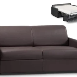 Canapé 3 Places Convertible Express En Simili CALIFE - Marron - Couchage 140 Cm - Matelas 18 Cm