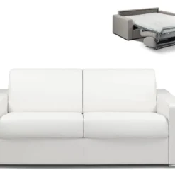 Canapé 3 Places Convertible Express En Simili CALITO - Blanc - Couchage Lattes Larges 140 Cm - Matelas 14 Cm