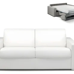 Canapé 3 Places Convertible Express En Simili CALITO - Blanc - Couchage Lattes Larges 140 Cm - Matelas 18 Cm