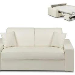 Canapé 2 Places Convertible Express En Simili EMIR - Blanc - Couchage 120 Cm - Matelas 14 Cm
