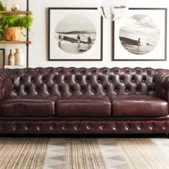 Canapé Chesterfield 4 Places BRENTON 100% Cuir De Buffle Bordeaux