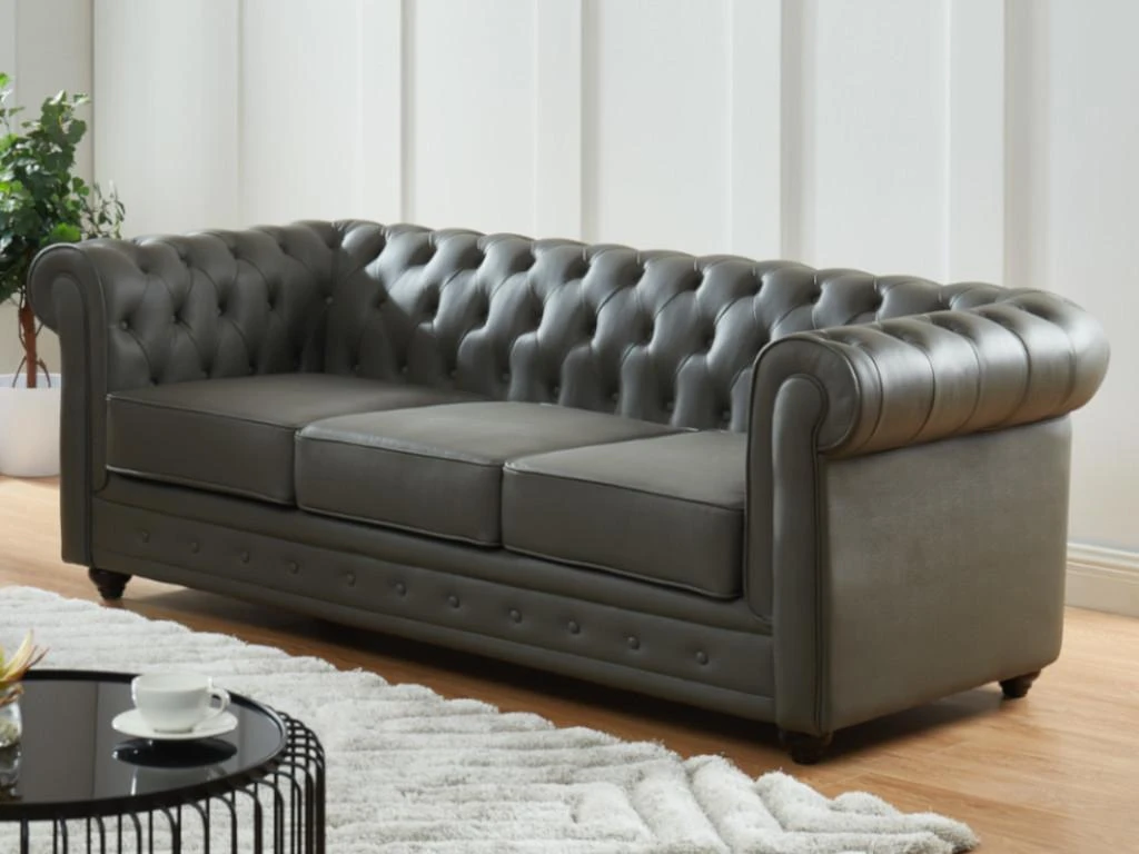 Canapé 3 Places En Cuir De Buffle CHESTERFIELD - Gris 4 Canapé 3 Places En Cuir De Buffle CHESTERFIELD - Gris – Image 4