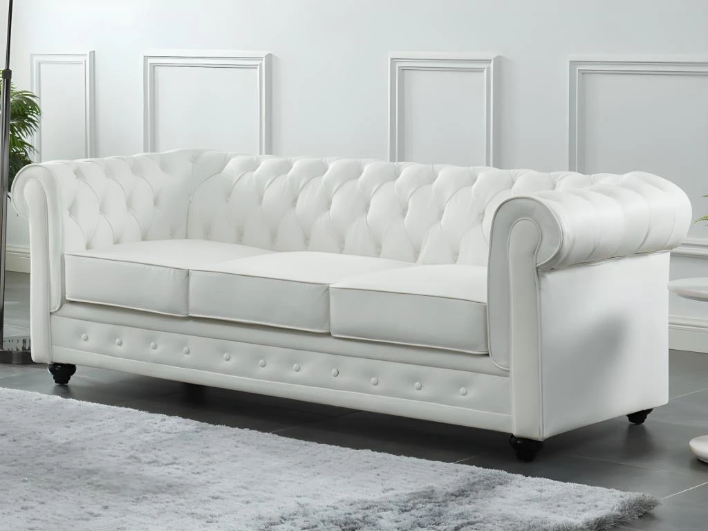 Canapé 3 Places En Cuir De Buffle CHESTERFIELD - Blanc 5 Canapé 3 Places En Cuir De Buffle CHESTERFIELD - Blanc – Image 5