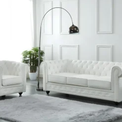 Canapé 3 Places En Cuir De Buffle CHESTERFIELD - Blanc