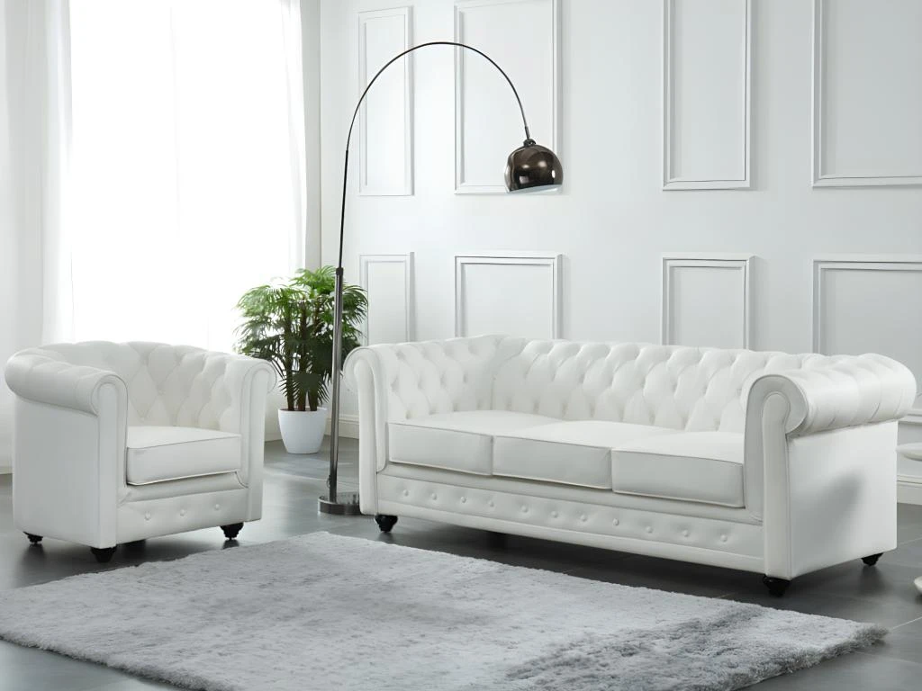 Canapé 3 Places En Cuir De Buffle CHESTERFIELD - Blanc 1 Canapé 3 Places En Cuir De Buffle CHESTERFIELD - Blanc