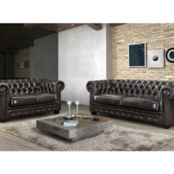 Canapé Chesterfield 2 Places BRENTON 100% Cuir De Buffle - Marron Reflets Châtains