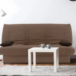 Canapé Convertible Clic-clac 100% Coton Avec Coffre De Rangement FARWEST II - Taupe Coussins Contrastés
