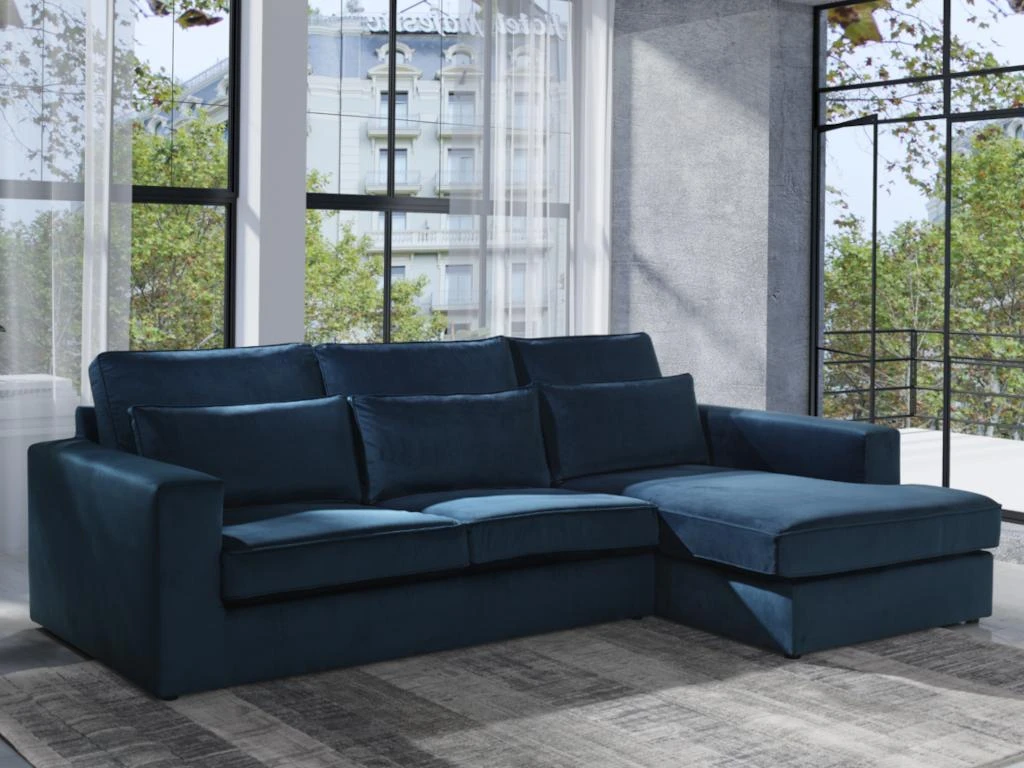 Canapé D'angle Droit En Velours Bleu MONDOVI 1 Canapé D'angle Droit En Velours Bleu MONDOVI