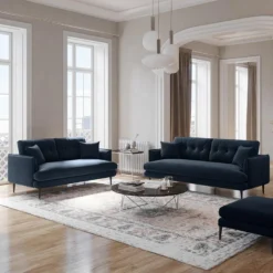 Canapé 3 Places En Velours GANESH - Bleu Nuit