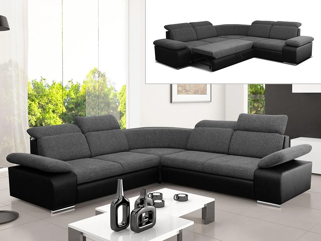 Canapé D'angle Convertible Avec Rangement En Tissu Et Simili RABELAIS - Bicolore Anthracite Et Noir 2 Canapé D'angle Convertible Avec Rangement En Tissu Et Simili RABELAIS - Bicolore Anthracite Et Noir – Image 2