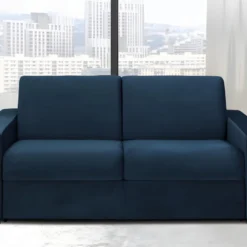 Canapé 3 Places Convertible Express En Velours CALITO - Bleu Nuit - Couchage Lattes Larges 140 Cm - Matelas 22 Cm Avec Mémoire De Forme DUNLOPILLO