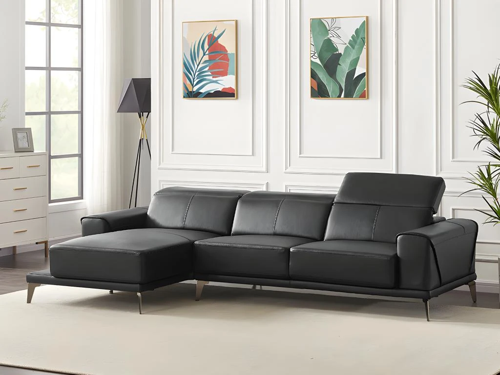 Canapé D'angle Gauche En Cuir De Buffle Noir ANDOR 1 Canapé D'angle Gauche En Cuir De Buffle Noir ANDOR