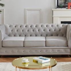 Canapé 3 Places CHESTERFIELD - Velours Gris Clair