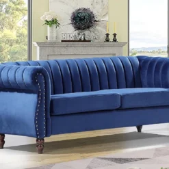 Canapé Chesterfield 3 Places En Velours Bleu Roi TRUMBO