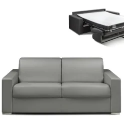 Canapé 3 Places Convertible Express En Simili CALITO - Gris - Couchage Lattes Larges 140 Cm - Matelas 14 Cm Avec Mémoire De Forme DUNLOPILLO
