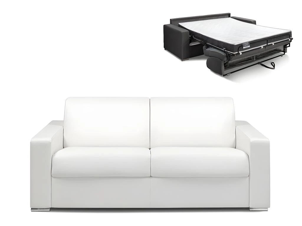 Canapé 3 Places Convertible Express En Simili CALITO - Blanc - Couchage Lattes Larges 140 Cm - Matelas 16 Cm Avec Mousse à Mémoire De Forme DUNLOPILLO 2 Canapé 3 Places Convertible Express En Simili CALITO - Blanc - Couchage Lattes Larges 140 Cm - Matelas 16 Cm Avec Mousse à Mémoire De Forme DUNLOPILLO – Image 2