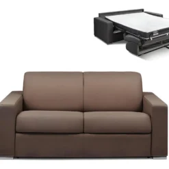 Canapé 2 Places Convertible Express En Tissu CALITO - Marron - Couchage Lattes Larges 120 Cm - Matelas 14 Cm Avec Mémoire De Forme DUNLOPILLO