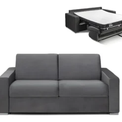 Canapé 2 Places Convertible Express En Velours CALITO - Anthracite - Couchage Lattes Larges 120 Cm - Matelas 14 Cm Avec Mémoire De Forme DUNLOPILLO